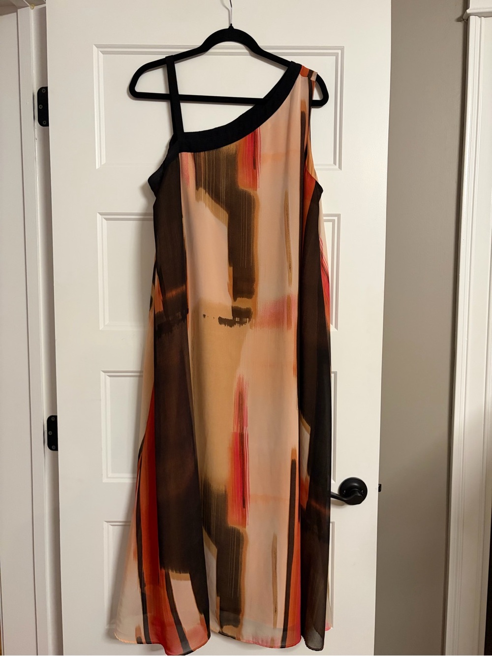 DKNY One-Shoulder Maxi Dress in Black, Brown, Cream and Orange Accents